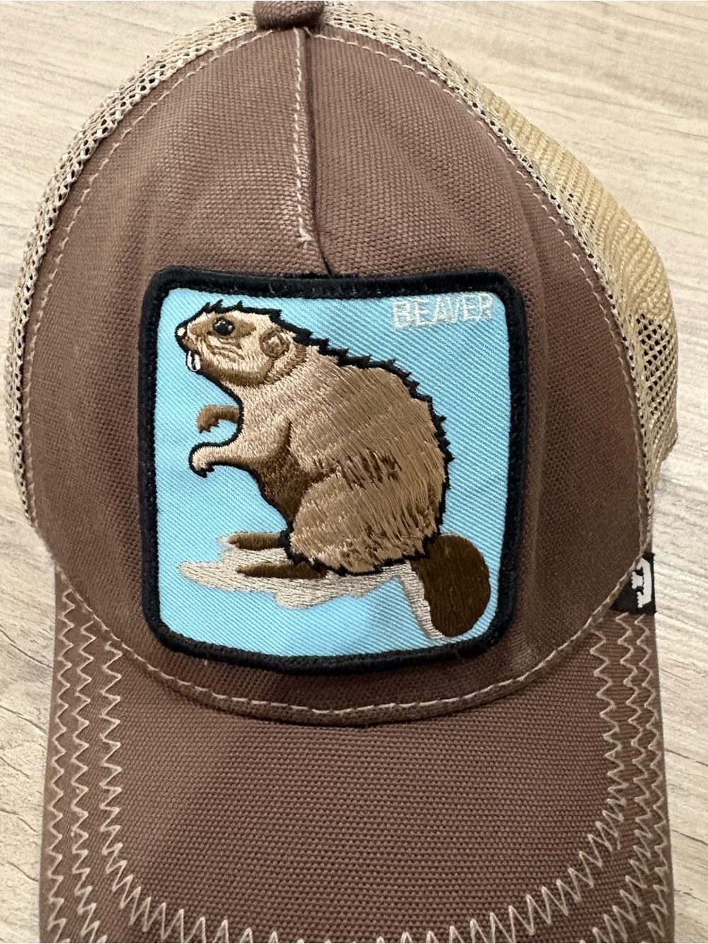 Goorin Bros Brown Animal Farm Blue Beaver Patch Snapback Mesh Trucker Hat
